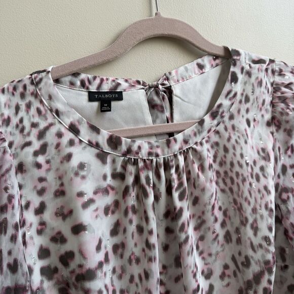 Talbots Womens Shirt Blouse White Pink Leopard Animal Tie Neck Size Medium - Picture 3 of 5